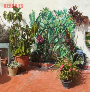 mural jardin patio plantas realista flores hojas bonito